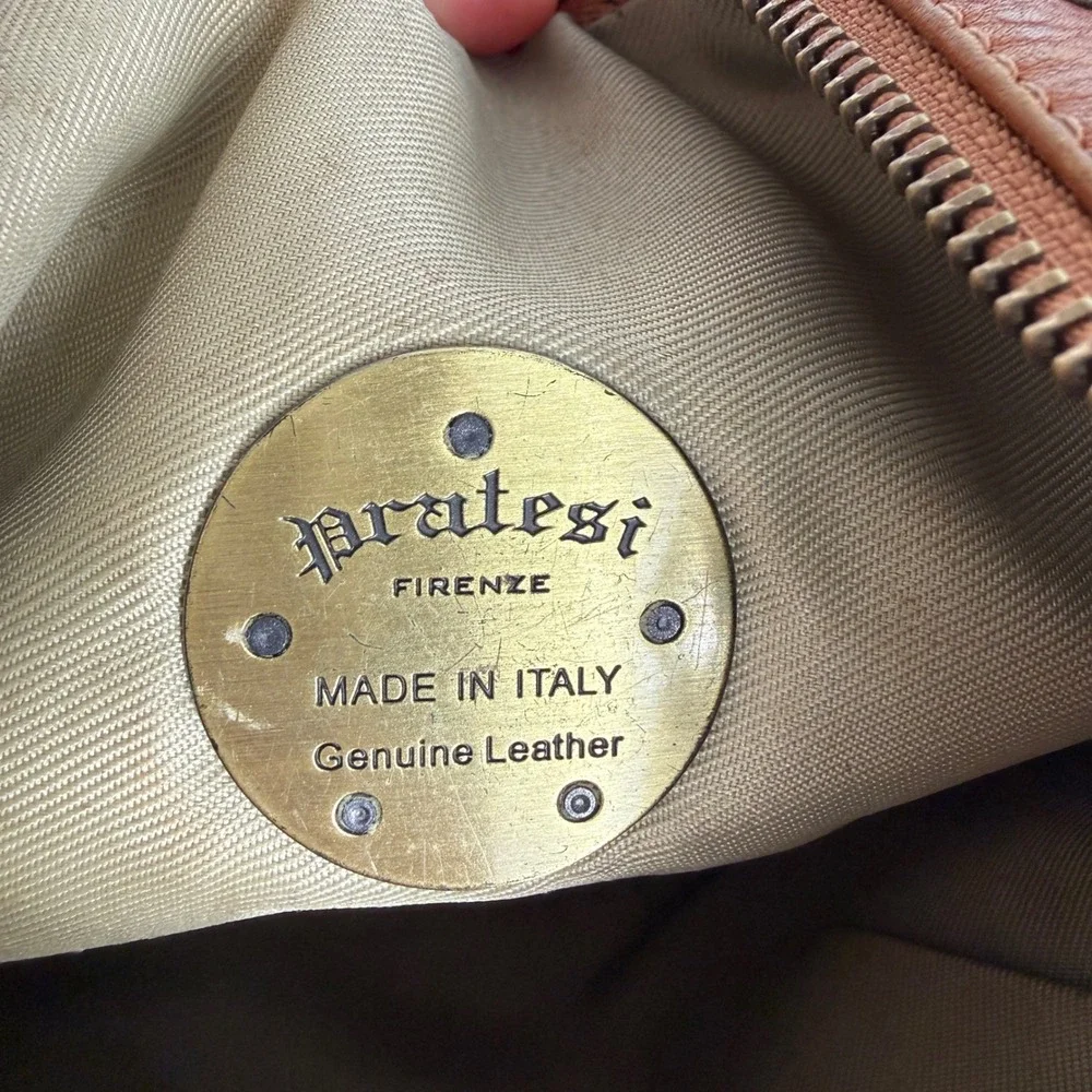 Pratesi Firenze Italian Leather Studded Pouch Bag Cognac Made in Italy - Picture 5 of 12